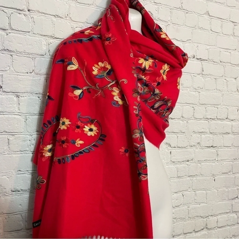 Red Embroidery Floral Flower Cashmere Long Fashion Scarf Wrap